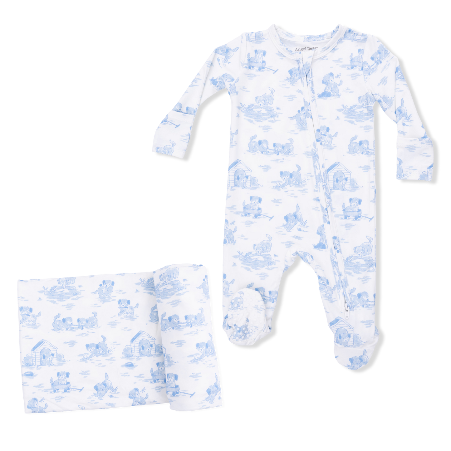 Puppy Toile BLUE Zipper Footie