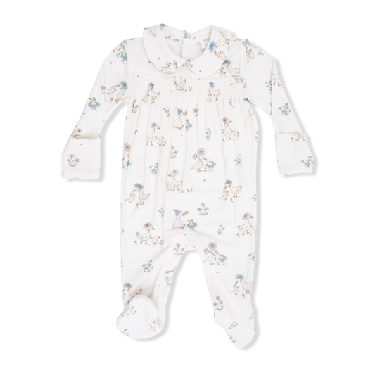 Flower Ducklings Smocked Snap Footie