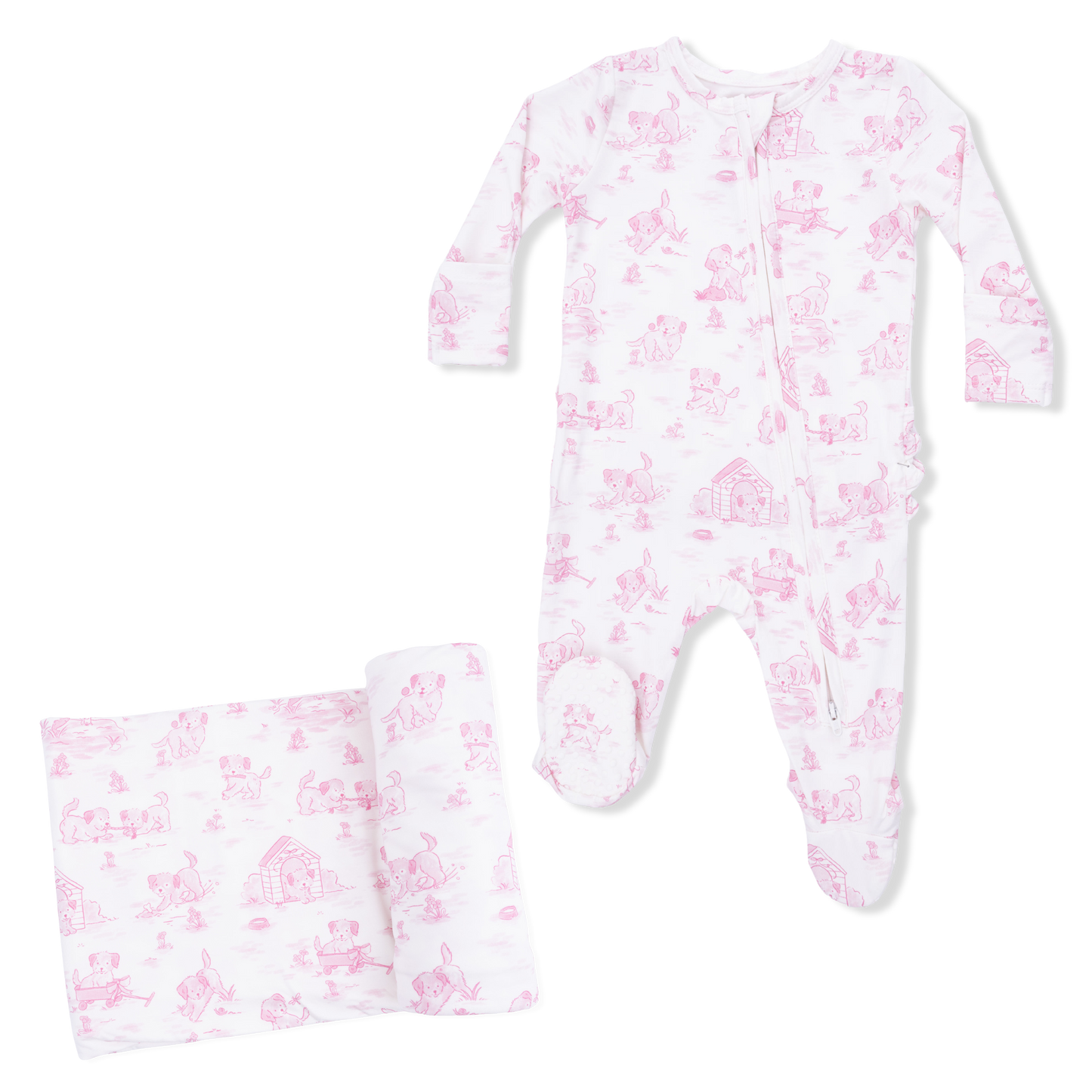Puppy Toile PINK Zipper Footie