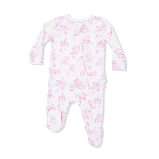Puppy Toile PINK Zipper Footie