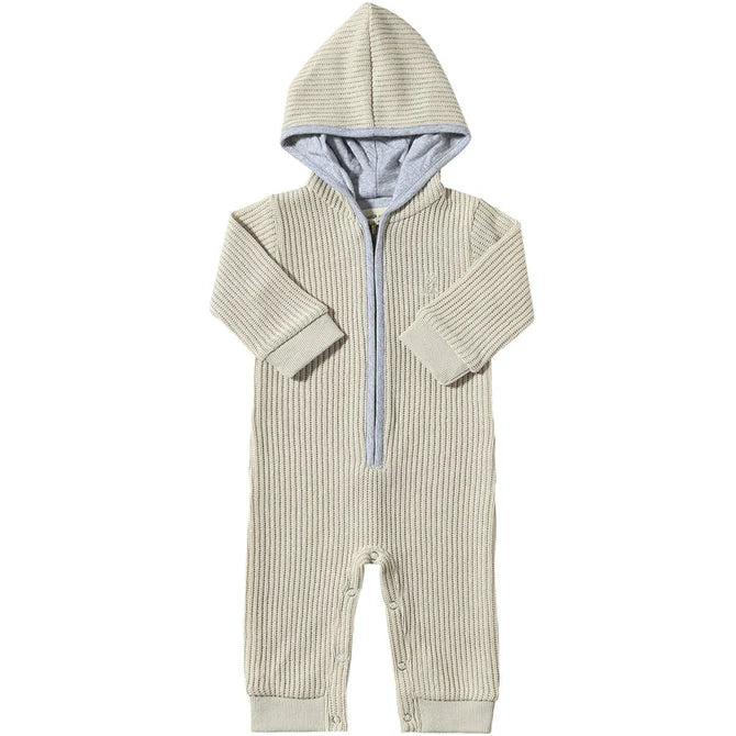 Boys' Cozy Beige Hooded Knit Romper