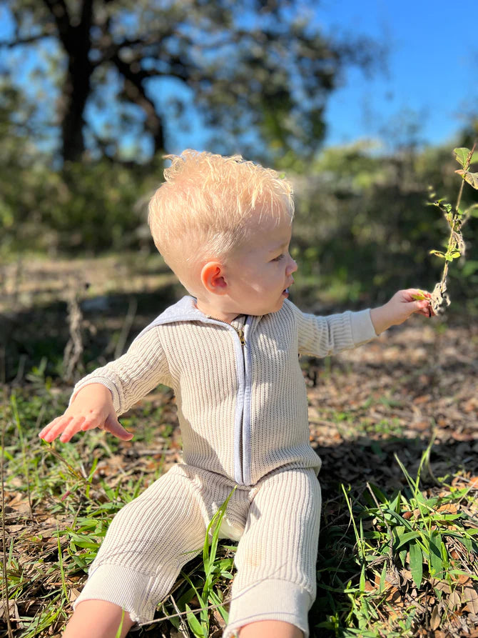 Boys' Cozy Beige Hooded Knit Romper