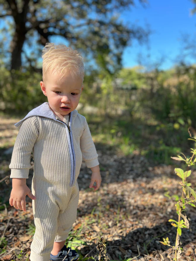 Boys' Cozy Beige Hooded Knit Romper