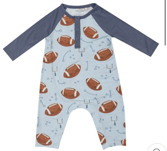 Blue Footballs Raglan Henley Romper