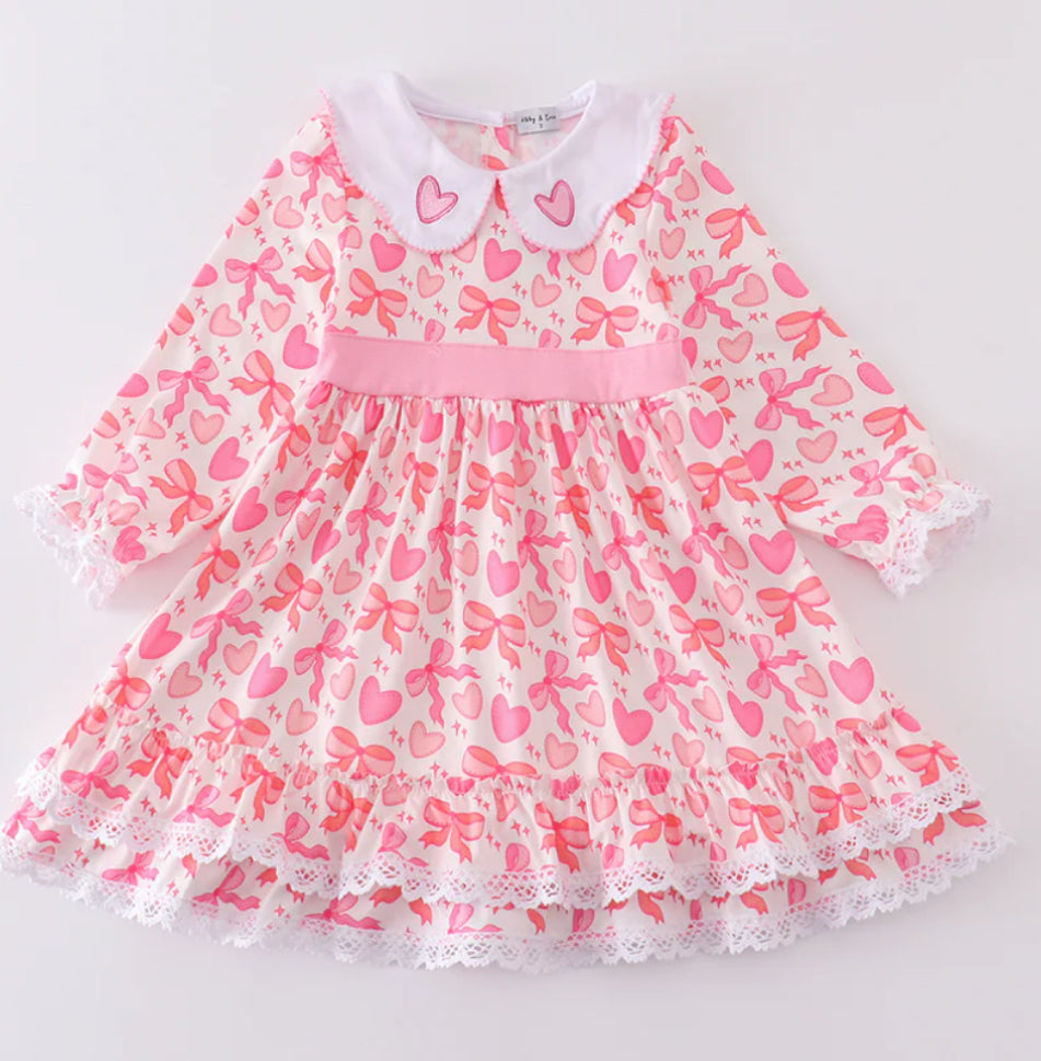 Embroidered Heart & Bow Ruffled Dress