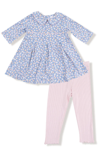 Country Calico Box Pleat Dress 3/4 Sleeve & Ribbed Leggings