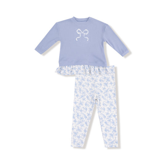 Romi Floral Waffle Pullover with Ruffles & Ribbed Bow Applique Ribbed Leggings
