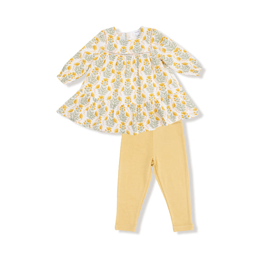Winter Dandelions Organic Muslin Dress and Ribbed Leggings Set